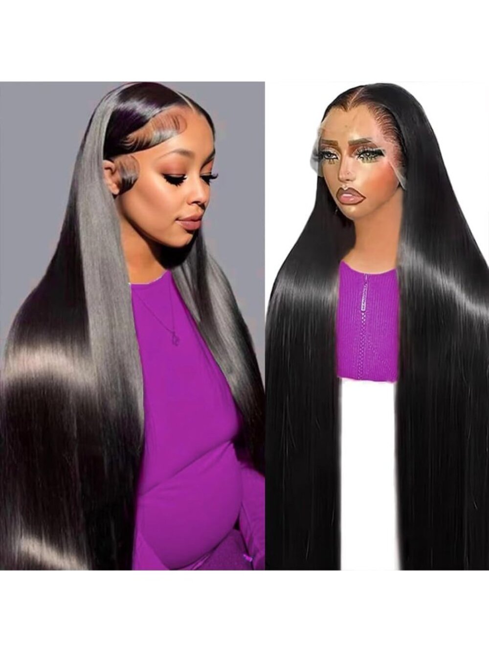 Women's Natural Black 32 Inch 200 Density Straight Pre Plucked Human Hair Wigs